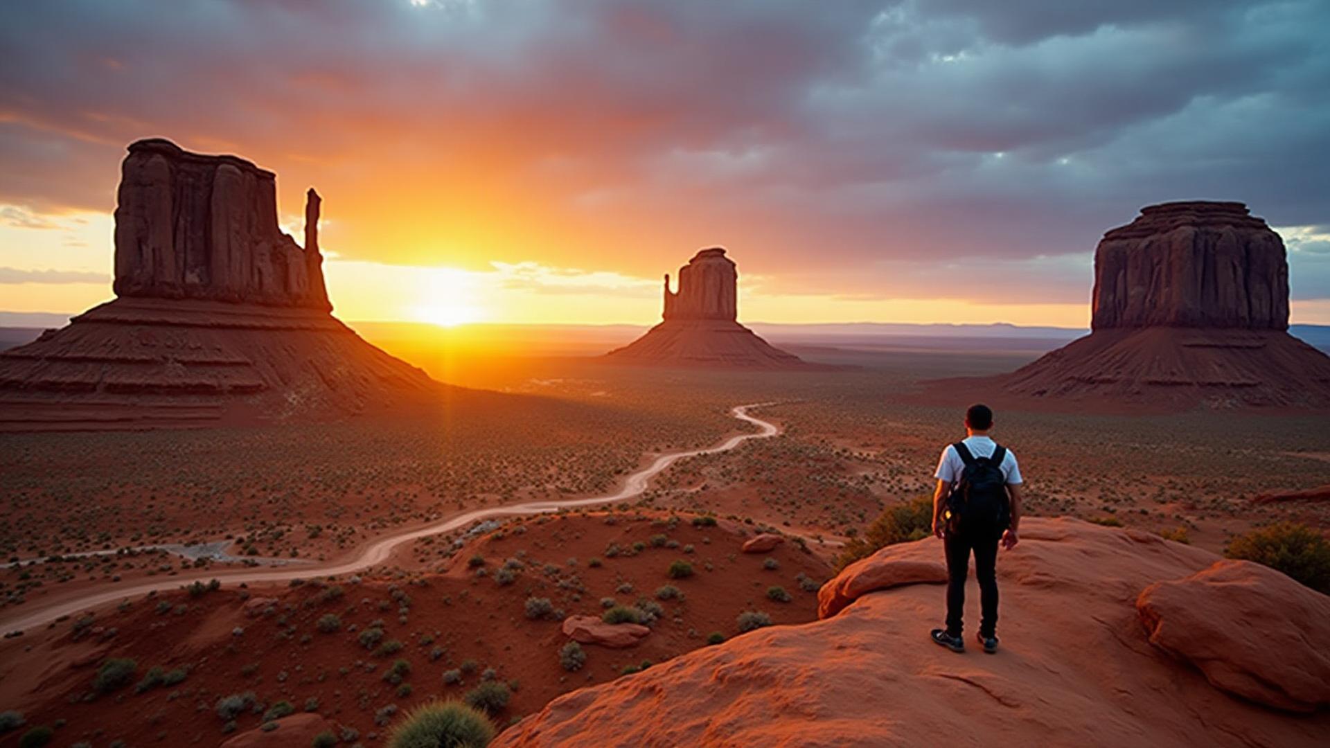Professional photographer capturing stunning landscape vista during golden hour at Monument Valley on photography tour